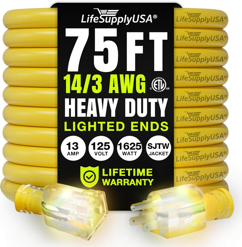 75ft Outdoor/Indoor Extension Cord 14/3 Gauge Heavy Duty 3 Prong SJTW, Waterproof, ETL Listed, Flexible Cold-Resistant Long Power Cord,125 Amp 1625W, Yellow by LifeSupplyUSA
