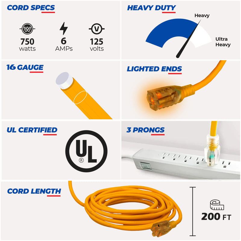 200 ft Power Extension Cord Outdoor & Indoor Heavy Duty 16 Gauge/3 Prong SJTW (Yellow) Lighted end Extra Durability 6 AMP 125 Volts 750 Watts by LifeSupplyUSA