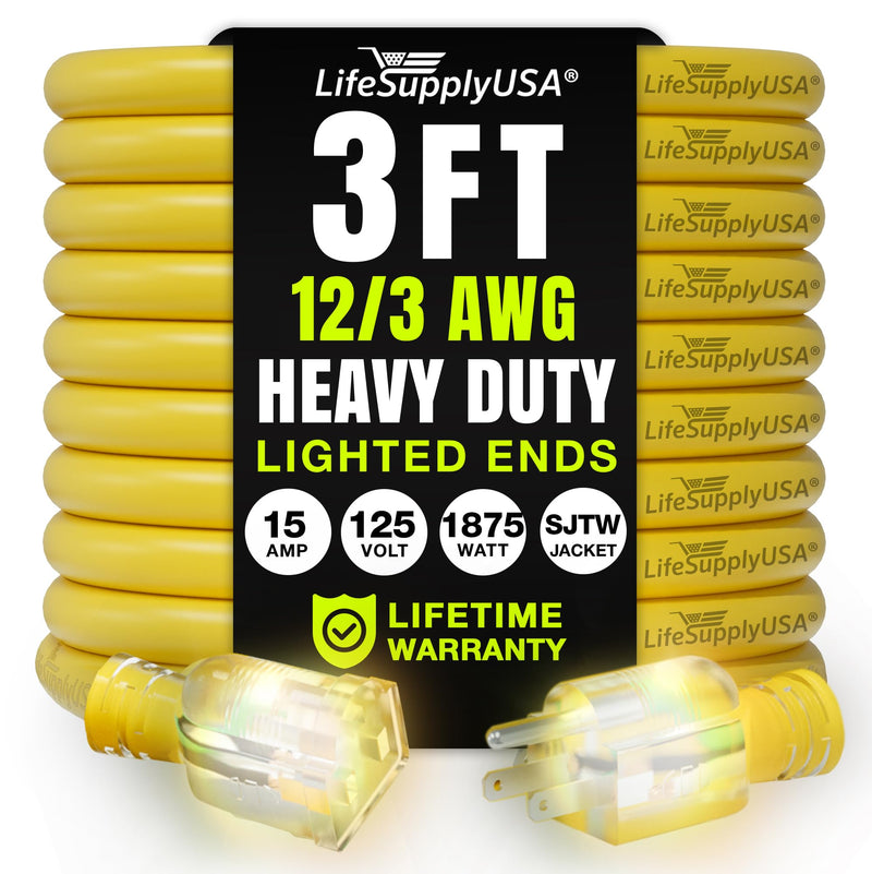 3ft Outdoor/Indoor Extension Cord 12/3 Gauge Extra Heavy Duty 3 Prong SJTW, Waterproof, Flexible Cold-Resistant Long Power Cord,125 Amp 1875W, Yellow by LifeSupplyUSA
