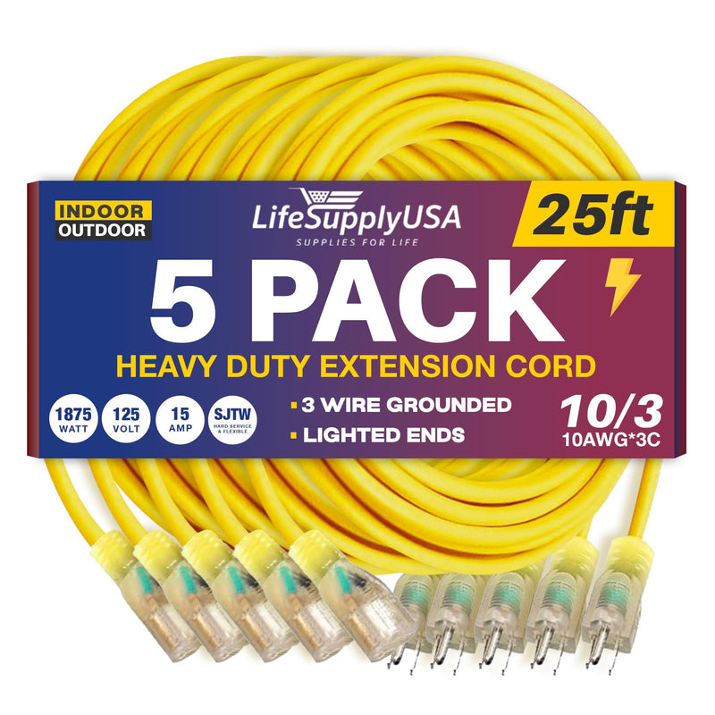 25ft Power Extension Cord Outdoor & Indoor - Waterproof Electric Drop Cord Cable - 3 Prong SJTW, 10 Gauge, 15 AMP, 125 Volts, 1875 Watts, 10/3 by LifeSupplyUSA - Yellow (5 Pack)