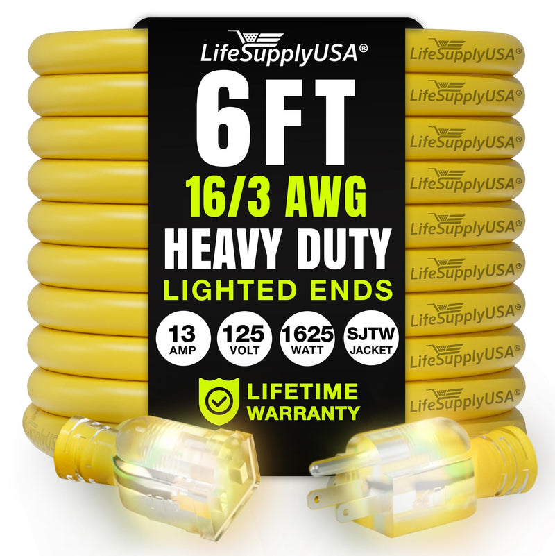6ft Outdoor/Indoor Extension Cord 16/3 Gauge Heavy Duty 3 Prong SJTW, Waterproof, Flexible Cold-Resistant Long Power Cord,125 Amp 1625W, Yellow by LifeSupplyUSA