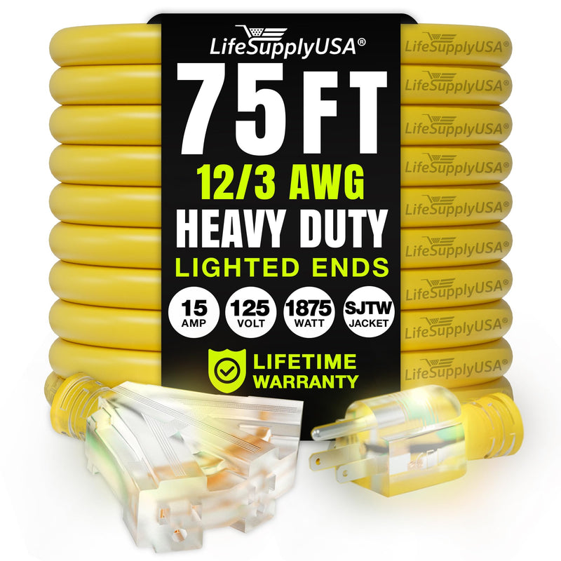 75ft Outdoor/Indoor Extension Cord 3-Outlet 12/3 Gauge Extra Heavy Duty 3 Prong SJTW, Waterproof, Flexible Cold-Resistant Long Power Cord,125 Amp 1875W, Yellow by LifeSupplyUSA