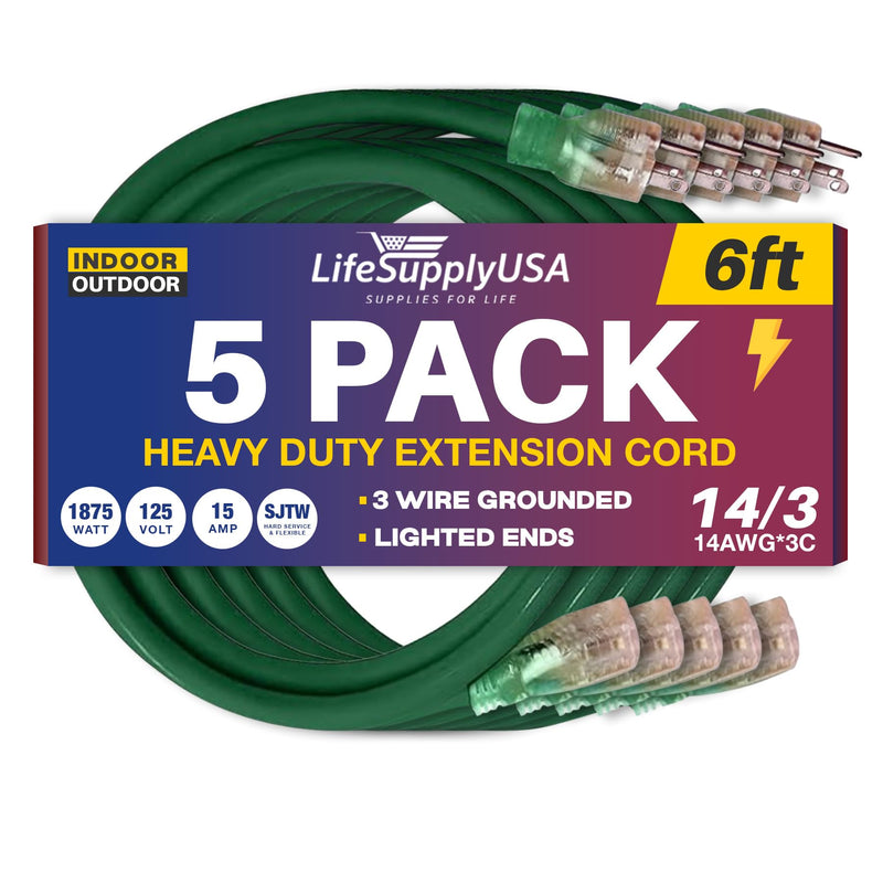 6ft Power Extension Cord Outdoor & Indoor - Waterproof Electric Drop Cord Cable - 3 Prong SJTW, 14 Gauge, 15 AMP, 125 Volts, 1875 Watts, 14/3 by LifeSupplyUSA - Yellow (5 Pack)