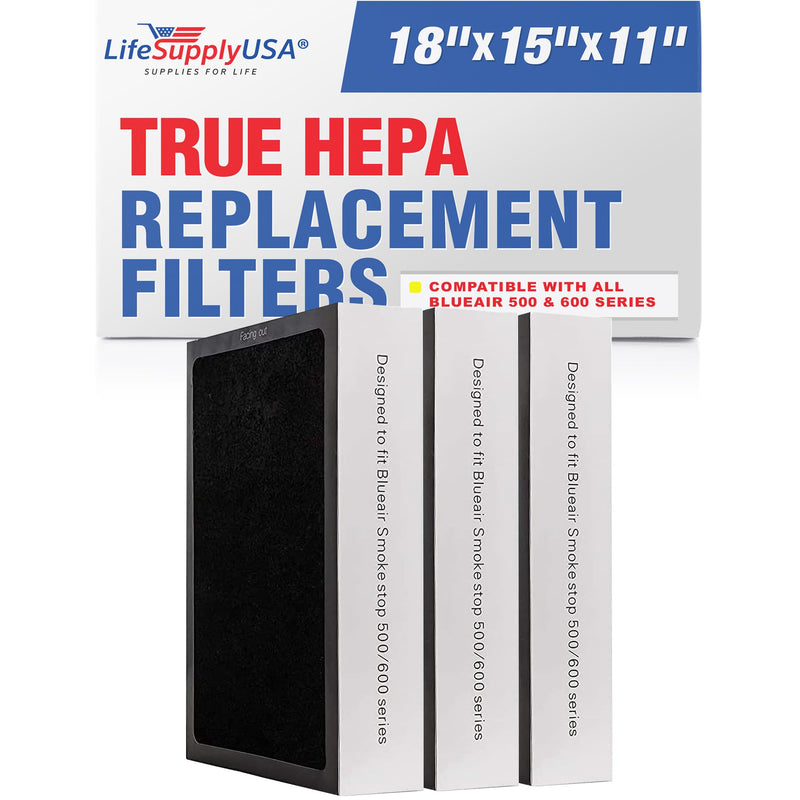 LifeSupplyUSA Carbon Particle HEPA Filter Replacement Compatible with All Blueair 500/600 Series SmokeStop 500 600 Air Purifiers 501 503 550E 601 603 650E (3-Pack)