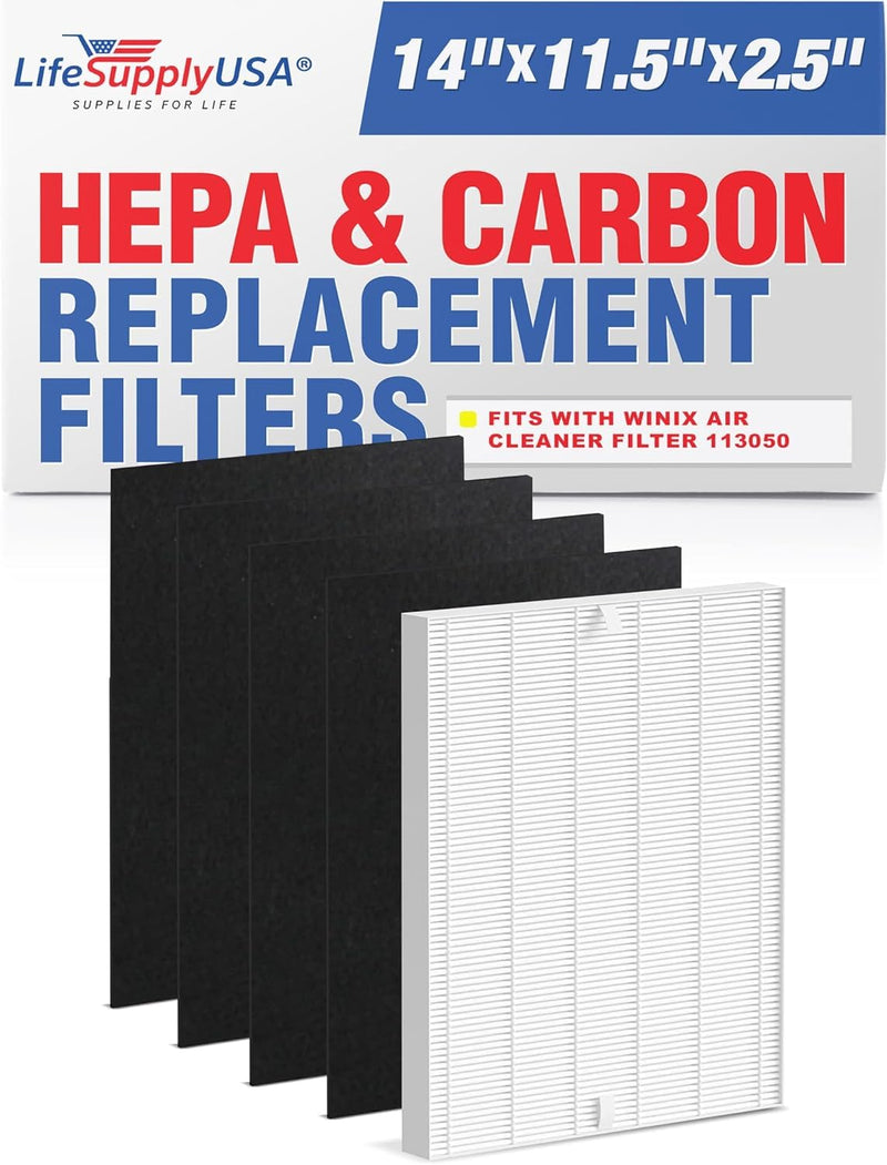 True HEPA Air Cleaner Filter Replacement Set + 4 Carbon Filters Compatible with Winix Size 17 (14" Actual Size) (113050) P150 and B151 Air Cleaners by LifeSupplyUSA (5 Pack)