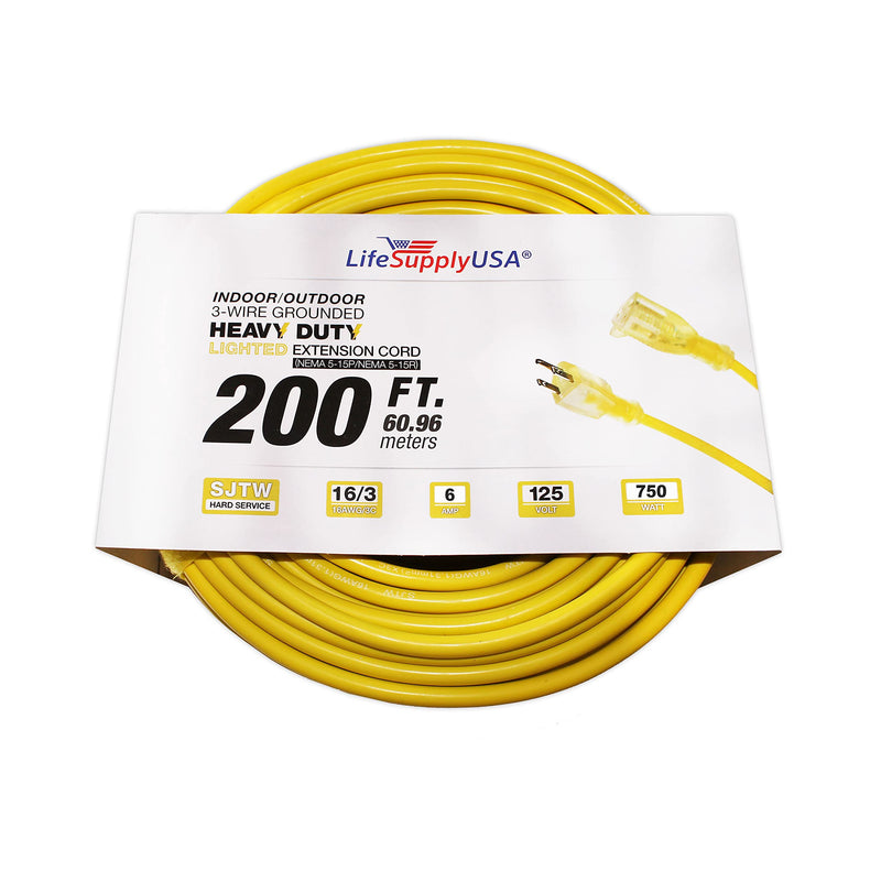200 ft Power Extension Cord Outdoor & Indoor Heavy Duty 16 Gauge/3 Prong SJTW (Yellow) Lighted end Extra Durability 6 AMP 125 Volts 750 Watts by LifeSupplyUSA