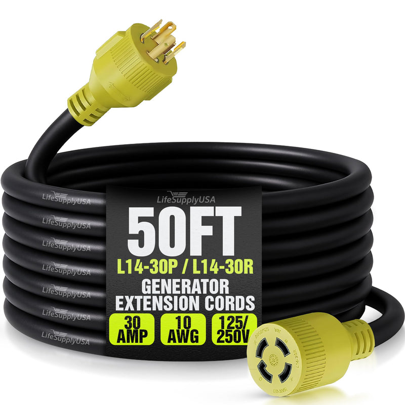 50ft Generator Extension Cord 30 AMP 4-Prong (L14-30P / L14-30R) - 10AWG4 125/250V STW - Hook and Loop Strap ETL Listed by LifeSupplyUSA