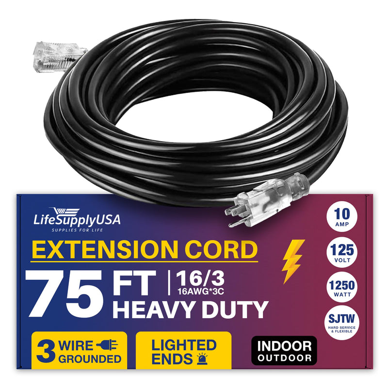 75ft Power Extension Cord Outdoor & Indoor - Waterproof Electric Drop Cord Cable - 3 Prong SJTW, 16 Gauge, 10 AMP, 125 Volts, 1250 Watts, 16/3 by LifeSupplyUSA - Black (1 Pack)