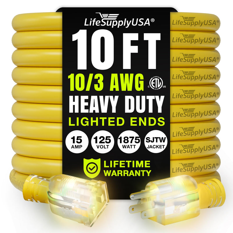 10ft Outdoor/Indoor Extension Cord 10/3 Gauge Ultra Heavy Duty 3 Prong SJTW, Waterproof, ETL Listed, Flexible Cold-Resistant Long Power Cord,125 Amp 1875W, Yellow by LifeSupplyUSA
