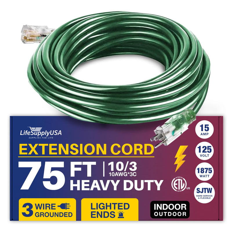 75ft Power Extension Cord Outdoor & Indoor - Waterproof Electric Drop Cord Cable - 3 Prong SJTW, 10 Gauge, 15 AMP, 125 Volts, 1875 Watts, 10/3 - ETL Listed, by LifeSupplyUSA - Green (1 Pack)