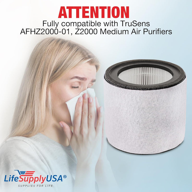 LifeSupplyUSA 3-in-1 True HEPA Air Cleaner Replacement + Pre-Filter + Carbon Compatible with TruSens AFHZ2000-01, Z2000 Medium Air Purifiers (2-Pack)