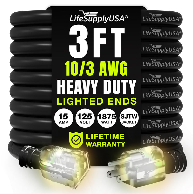 3ft Outdoor/Indoor Extension Cord 10/3 Gauge Ultra Heavy Duty 3 Prong SJTW, Waterproof, Flexible Cold-Resistant Long Power Cord,125 Amp 1875W, Black by LifeSupplyUSA