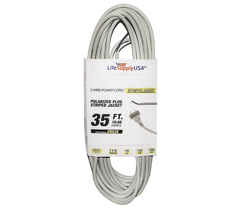 35ft Upright Vacuum Electric Power Supply Cord with Open End Striped Wire - 17/2 Gauge 12 Amp - Gray by LifeSupplyUSA
