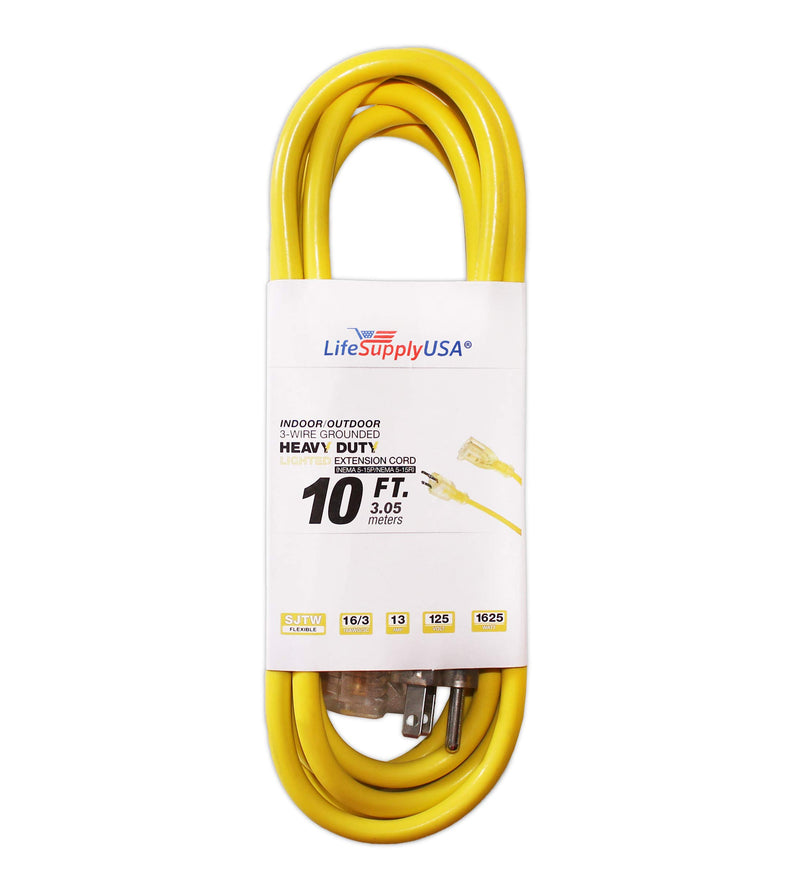(2-Pack) 10 ft Power Extension Cord Outdoor & Indoor Heavy Duty 16 Gauge/3 Prong SJTW (Yellow) Lighted end Extra Durability 13 AMP 125 Volts 1625 Watts by LifeSupplyUSA