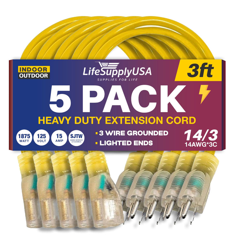 3ft Power Outdoor Extension Cord & Indoor - Waterproof Electric Drop Cord Cable - 3 Prong SJTW, 14 Gauge, 15 AMP, 125 Volts, 1875 Watts, 14/3 by LifeSupplyUSA - Yellow (5 Pack)