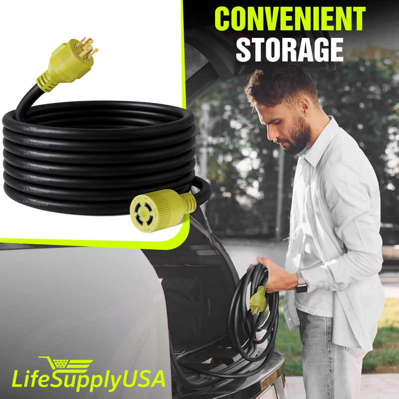 25ft Generator Extension Cord 30 AMP 4-Prong (L14-30P / L14-30R) - 10AWG4 125/250V STW - Hook and Loop Strap UL Approved by LifeSupplyUSA
