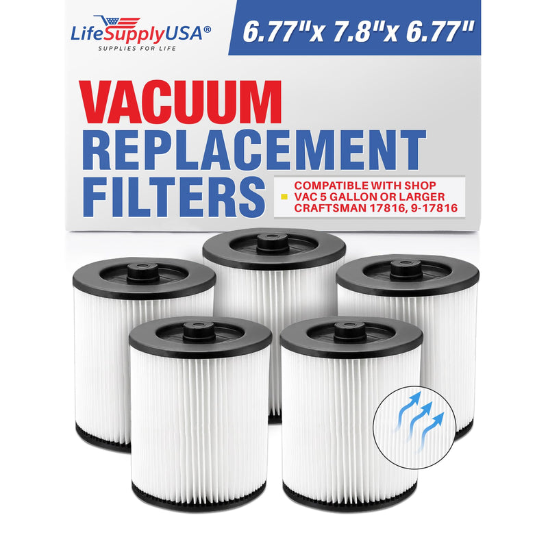 LifeSupplyUSA Wet/Dry Vacuum Filter Replacement Compatible with Shop Vac 5 Gallon or Larger Craftsman 17816, 9-17816 (5-Pack)