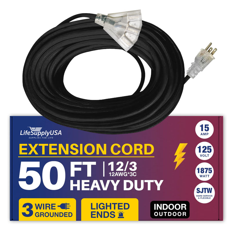 50ft Power Extension Cord Outdoor & Indoor - Waterproof Electric Drop Cord Cable -, 3-Outlet, SJTW, 12 Gauge, 15 AMP, 125 Volts, 1875 Watts, 12/3 by LifeSupplyUSA - Black (1 Pack)