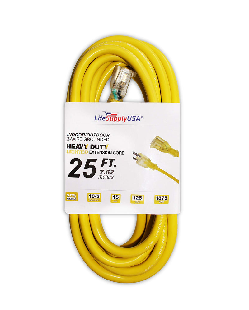 (2-Pack) 25 ft Power Extension Cord Outdoor & Indoor Heavy Duty 10 Gauge/3 Prong SJTW (Yellow) Lighted end Extra Durability 15 AMP 125 Volts 1875 Watts by LifeSupplyUSA