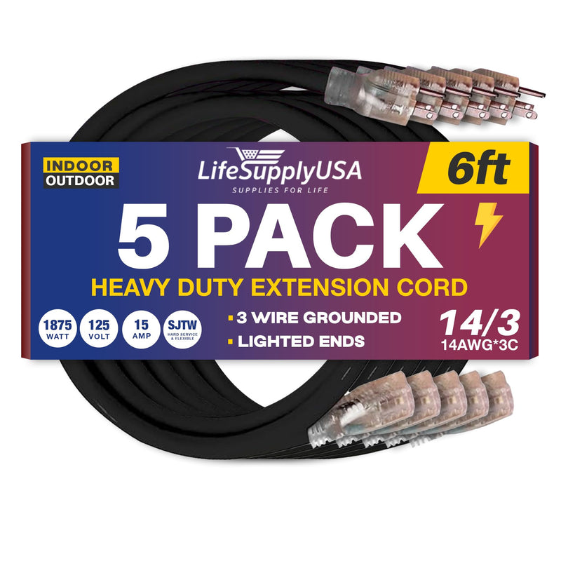 6ft Outdoor/Indoor Extension Cord 14/3 Gauge Heavy Duty 3 Prong SJTW, Waterproof, Flexible Cold-Resistant Long Power Cord,125 Amp 1875W, Black by LifeSupplyUSA (5-Pack)