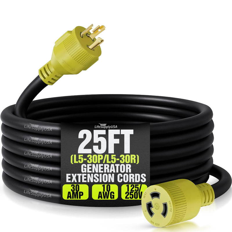 25ft Generator Extension Cord 30 AMP 3-Prong (L5-30P/L5-30R) - 10AWG3 125/250V STW - Hook and Loop Strap ETL Listed by LifeSupplyUSA
