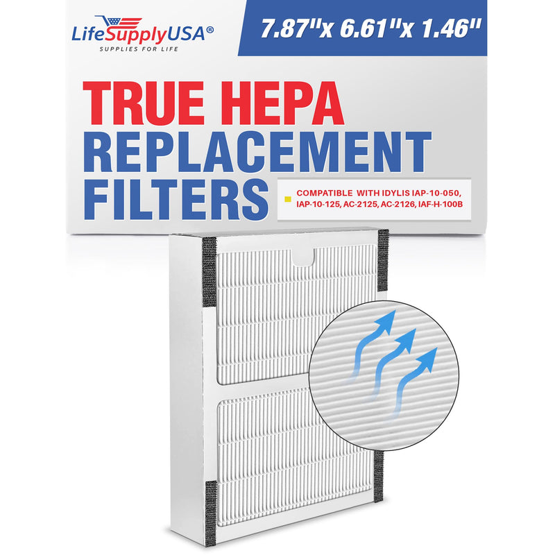 LifeSupplyUSA HEPA Filter Replacement Compatible with Idylis IAP-10-050, IAP-10-125, AC-2125, AC-2126 Air Purifiers, IAF-H-100B (0412558) (2-Pack)