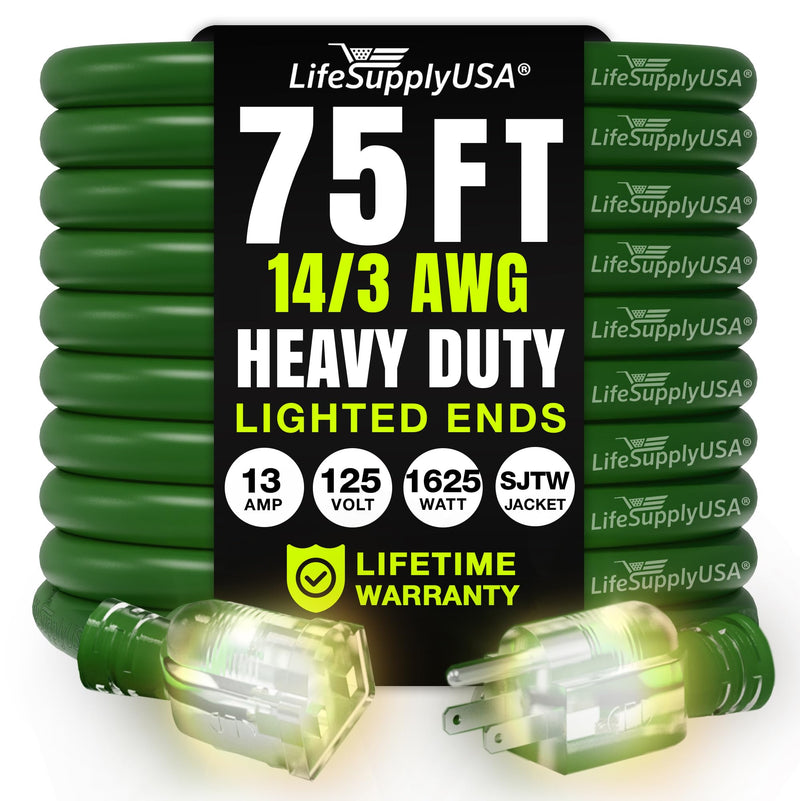 75ft Outdoor/Indoor Extension Cord 14/3 Gauge Heavy Duty 3 Prong SJTW, Waterproof, Flexible Cold-Resistant Long Power Cord,125 Amp 1625W, Green by LifeSupplyUSA