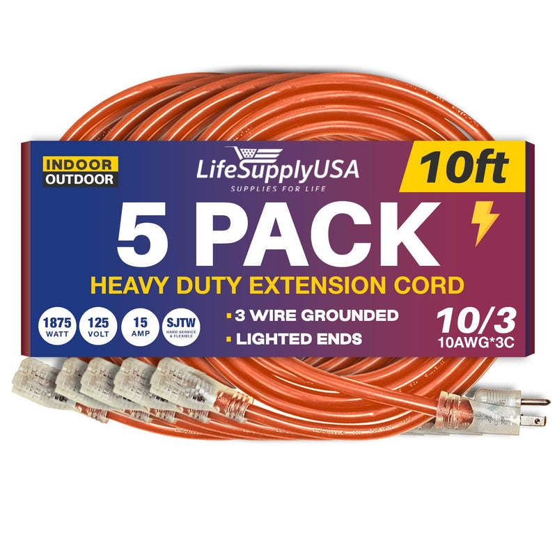 10ft Outdoor/Indoor Extension Cord 10/3 Gauge Ultra Heavy Duty 3 Prong SJTW, Waterproof, Flexible Cold-Resistant Long Power Cord,125 Amp 1875W, Orange by LifeSupplyUSA (5-Pack)