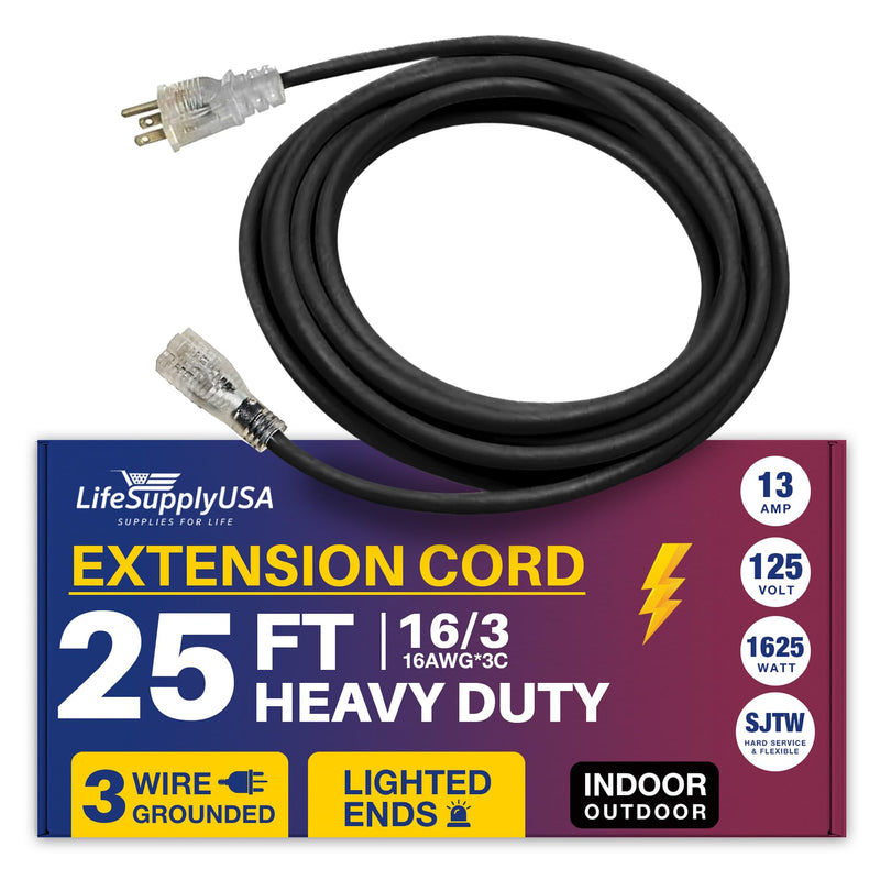 25ft Power Outdoor Extension Cord & Indoor - Waterproof Electric Drop Cord Cable - 3 Prong SJTW, 16 Gauge, 13 AMP, 125 Volts, 1625 Watts, 16/3 by LifeSupplyUSA - Yellow (1 Pack)