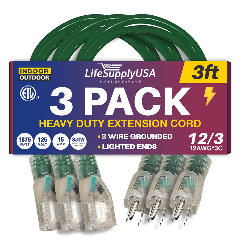 3ft Power Outdoor Extension Cord & Indoor - Waterproof Electric Drop Cord Cable - 3 Prong SJTW, 12 Gauge, 15 AMP, 125 Volts, 1875 Watts, 12/3 ETL Listed by LifeSupplyUSA - Green (3 Pack)