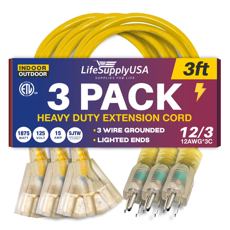 3ft Power Outdoor Extension Cord & Indoor - Waterproof Electric Drop Cord Cable - 3 Prong, 3-Outlet, SJTW, 12 Gauge, 15 AMP, 125 Volts, 1875 Watts, 12/3 ETL Listed by LifeSupplyUSA - Yellow (3 Pack)
