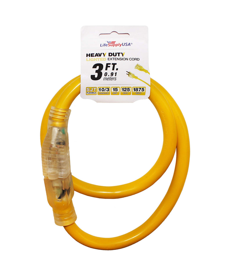 (2-Pack) 3 ft Power Extension Cord Outdoor & Indoor Heavy Duty 10 Gauge/3 Prong SJTW (Yellow) Lighted end Extra Durability 15 AMP 125 Volts 1875 Watts by LifeSupplyUSA