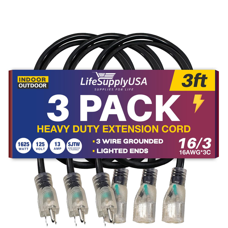3ft Outdoor/Indoor Extension Cord 16/3 Gauge Heavy Duty 3 Prong SJTW, Waterproof, Flexible Cold-Resistant Long Power Cord,125 Amp 1625W, Black by LifeSupplyUSA (3-Pack)