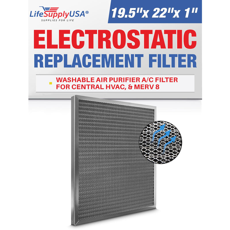 LifeSupplyUSA 20x22x1 Electrostatic Air Filter, MERV 8, Washable, Reusable Furnace AC/HVAC Filter, Energy Saving, Easy to Clean, Long-Lasting - 1-Pack,20" x 22" x 1"