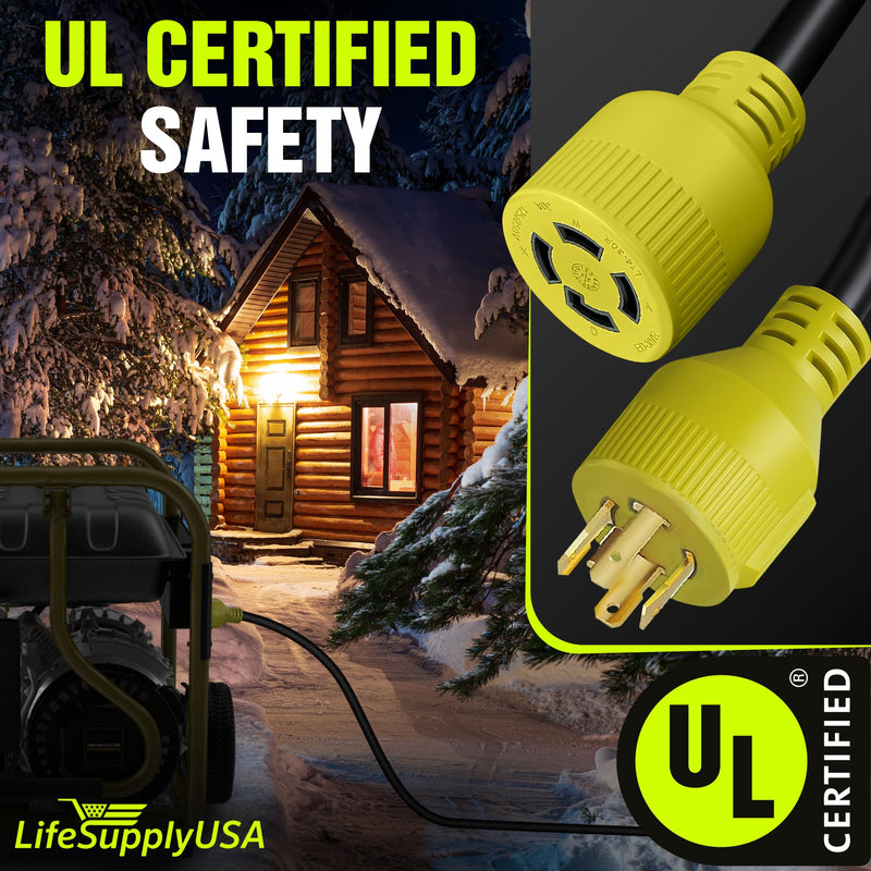 100ft Generator Extension Cord 30 AMP 4-Prong (L14-30P / L14-30R) - 10AWG4 125/250V STW - Hook and Loop Strap ETL Listed by LifeSupplyUSA - 100 FT,4-Prong