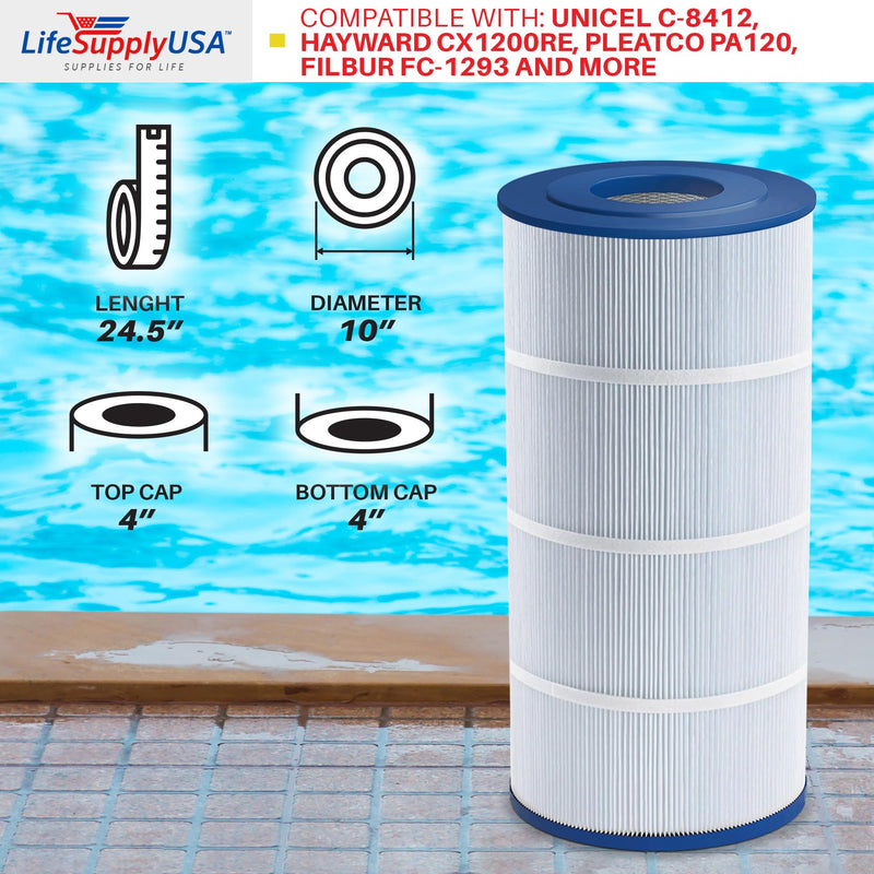 LifeSupplyUSA Pool Filter Cartridge for Hayward Star Clear Plus, Unicel C-8412, Porpoise PP-B2, Clearwater II ProClean 125 - Spa Filter fits C1200 / CX1200RE, Filbur FC-1293 and More (2-Pack)