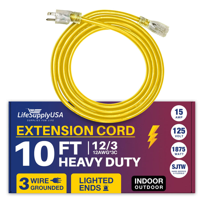 10ft Power Extension Cord Outdoor & Indoor - Waterproof Electric Drop Cord Cable - 3 Prong SJTW, 12 Gauge, 15 AMP, 125 Volts, 1875 Watts, 12/3 by LifeSupplyUSA - Yellow (1 Pack)