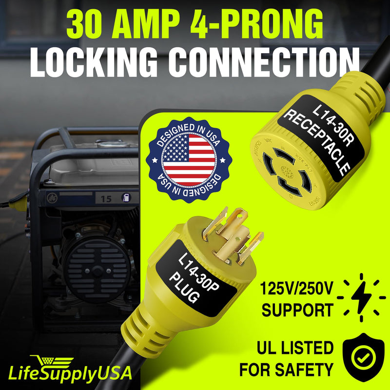 25ft Generator Extension Cord 30 AMP 4-Prong (L14-30P / L14-30R) - 10AWG4 125/250V STW - Hook and Loop Strap UL Approved by LifeSupplyUSA