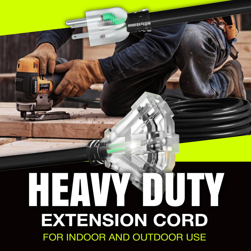 50ft Outdoor/Indoor Extension Cord 3-Outlet 12/3 Gauge Extra Heavy Duty 3 Prong SJTW, Waterproof, Flexible Cold-Resistant Long Power Cord,125 Amp 1875W, Black by LifeSupplyUSA