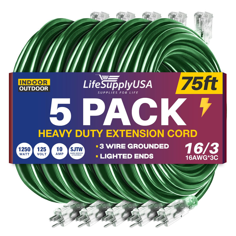 75ft Outdoor/Indoor Extension Cord 16/3 Gauge Heavy Duty 3 Prong SJTW, Waterproof, Flexible Cold-Resistant Long Power Cord,125 Amp 1250W, Green by LifeSupplyUSA (5-Pack)