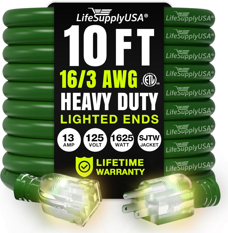 10ft Outdoor/Indoor Extension Cord 16/3 Gauge Heavy Duty 3 Prong SJTW, Waterproof, ETL Listed, Flexible Cold-Resistant Long Power Cord,125 Amp 1625W, Green by LifeSupplyUSA