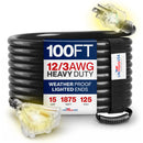 Outdoor/Indoor Extension Cord 3-Outlet Heavy Duty 3 Prong SJTW, Waterproof, Flexible Cold-Resistant Long Power Cord by LifeSupplyUSA