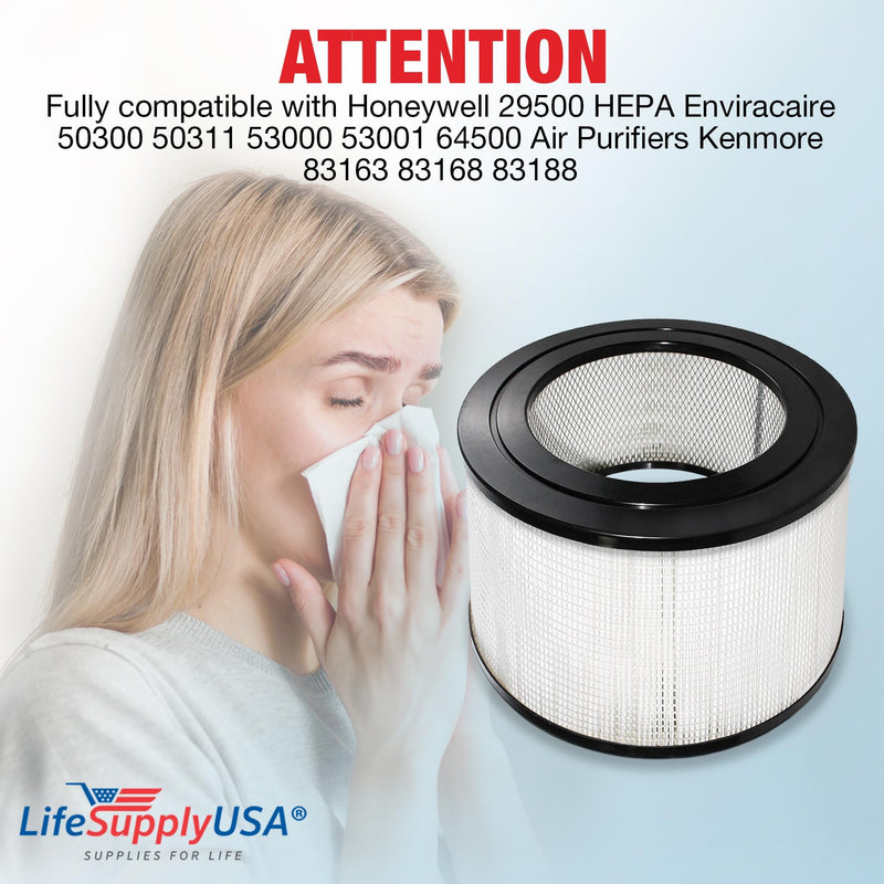 LifeSupplyUSA Filter Replacement Compatible with Honeywell 29500 HEPA Enviracaire 50300 50311 53000 53001 64500 Air Purifiers Kenmore 83163 83168 83188 (2-Pack)