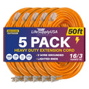 50ft Outdoor/Indoor Extension Cord 16/3 Gauge Heavy Duty 3 Prong SJTW, Waterproof, Flexible Cold-Resistant Long Power Cord,125 Amp 1625W, Orange by LifeSupplyUSA (5-Pack)