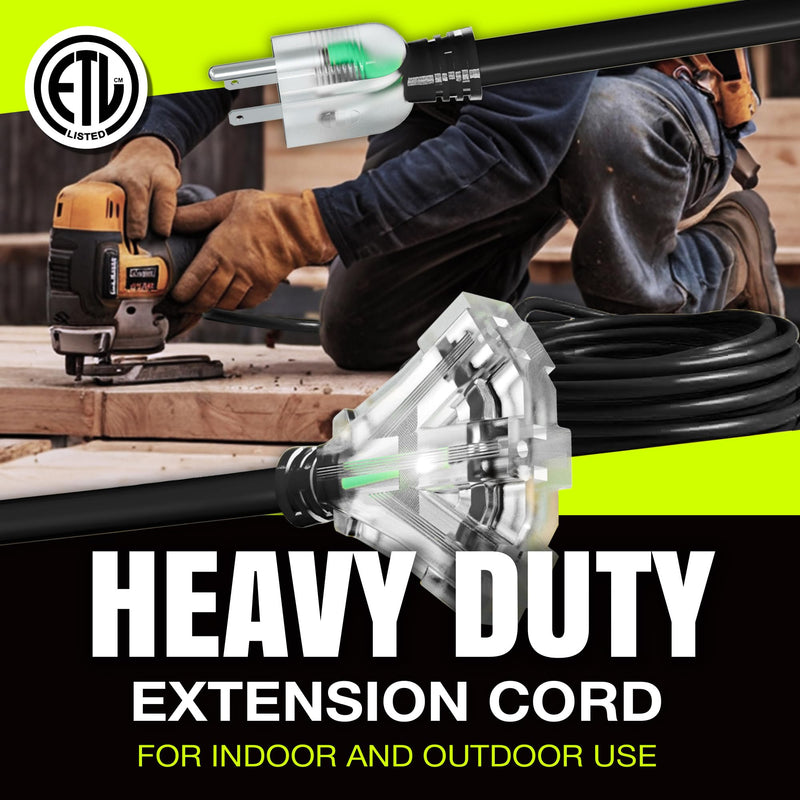 100ft Outdoor/Indoor Extension Cord 3-Outlet 12/3 Gauge Extra Heavy Duty ETL Listed, 3 Prong SJTW, Waterproof, Flexible Cold-Resistant Long Power Cord,125 Amp 1875W, Black by LifeSupplyUSA