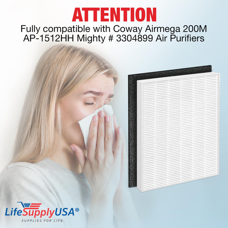 LifeSupplyUSA Complete Replacement Filter Set (1 True HEPA Air Cleaner Replacement Filter + 2 Carbon Filters) Compatible with Coway Airmega 200M AP-1512HH Mighty