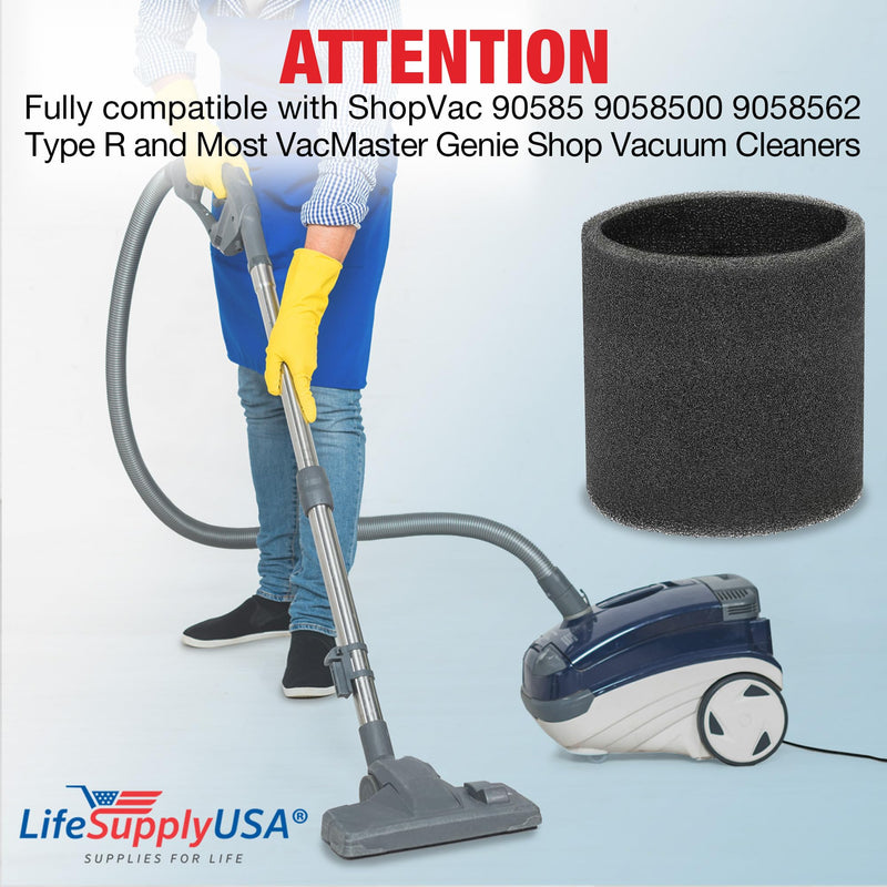LifeSupplyUSA Foam Sleeve Wet/Dry Vacuum Filter Replacement Compatible with ShopVac 90585 9058500 9058562 Type R and Most VacMaster Genie Shop Vacuum Cleaners
