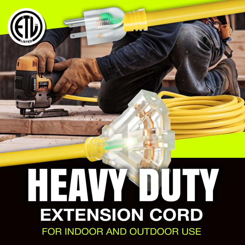 50ft Outdoor/Indoor Extension Cord 3-Outlet 12/3 Gauge Extra Heavy Duty ETL Listed, 3 Prong SJTW, Waterproof, Flexible Cold-Resistant Long Power Cord,125 Amp 1875W, Yellow by LifeSupplyUSA