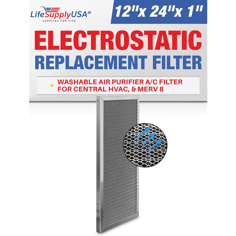 LifeSupplyUSA 12x24x1 Electrostatic Air Filter, MERV 8, Washable, Reusable Furnace AC/HVAC Filter, Energy Saving, Easy to Clean, Long-Lasting