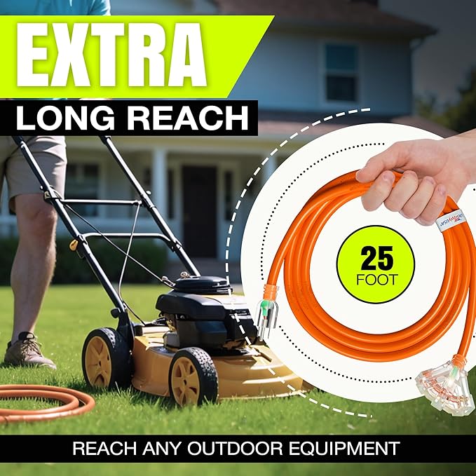 25ft Outdoor/Indoor Extension Cord 3-Outlet 12/3 Gauge Extra Heavy Duty ETL Listed, 3 Prong SJTW, Waterproof, Flexible Cold-Resistant Long Power Cord,125 Amp 1875W, Orange by LifeSupplyUSA